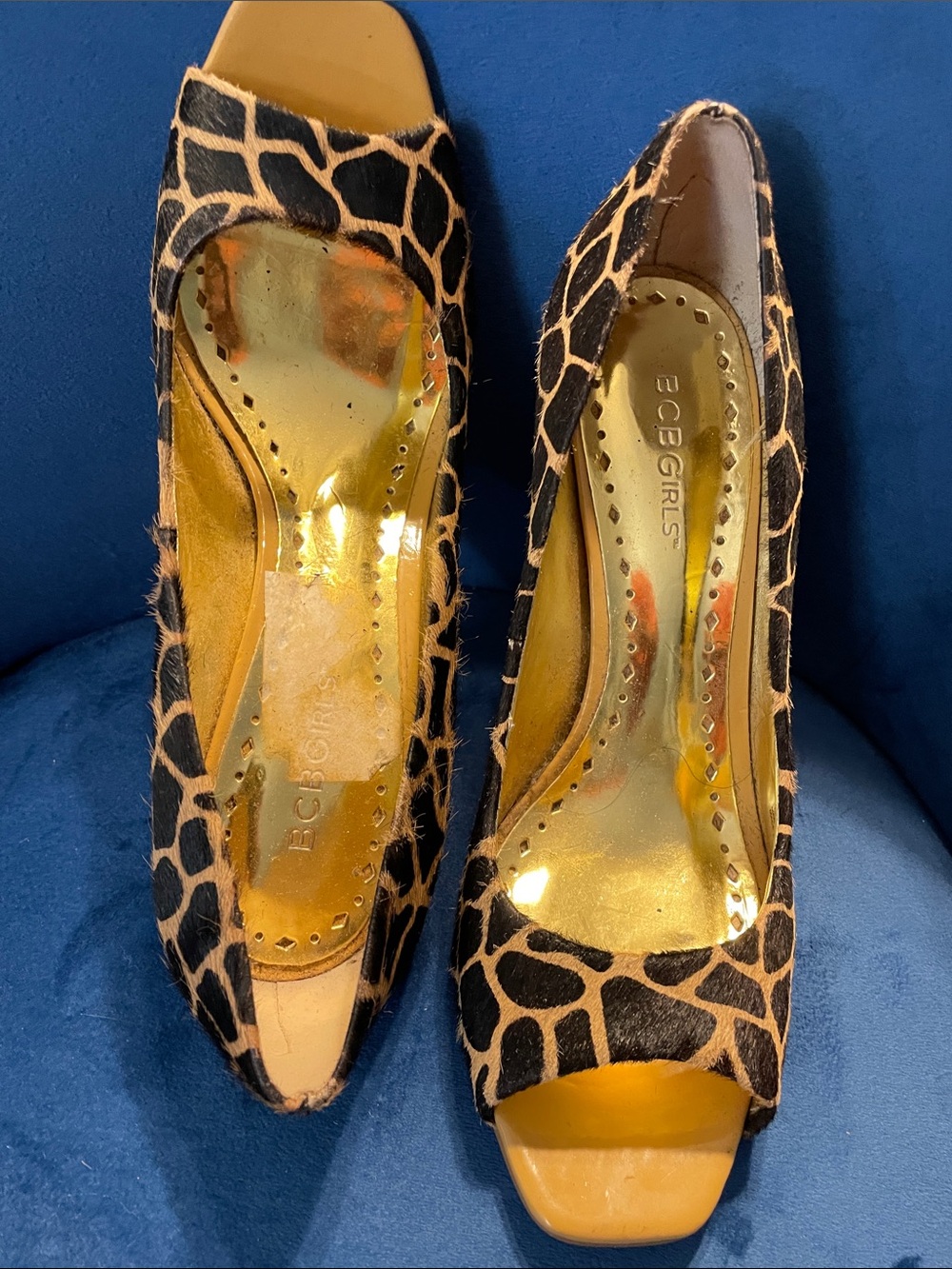 BCBGirls Leopard Print Open-Toe Heels in Black and Tan with Gold Insole